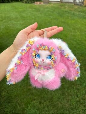 Pink Plush Bunny Keychain with Decorative Trim. Backpack Charm for Kids.Birthday